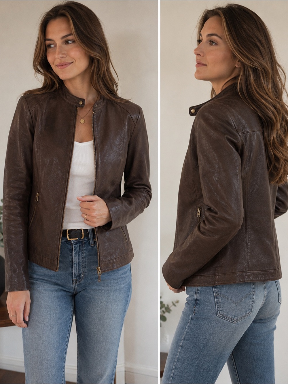 Moto Minimalist Genuine Leather Suede Cafe Racer Jacket Brown M